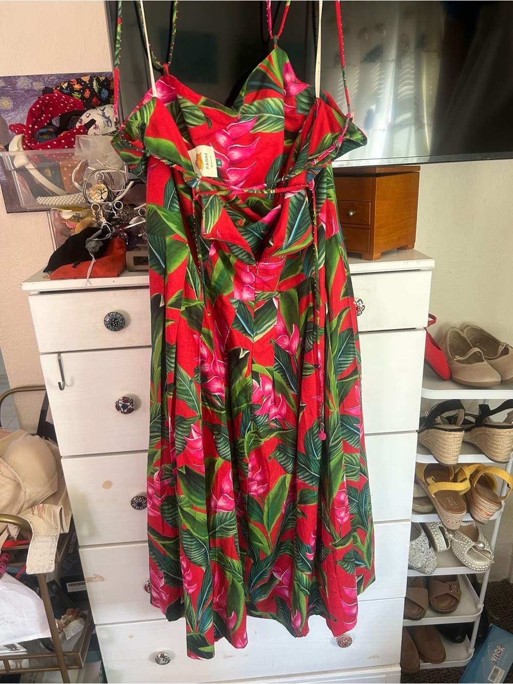 FARM Rio Pink Tropical Midi Dress with Green Leaf Print XL NWOT - Picture 4 of 6